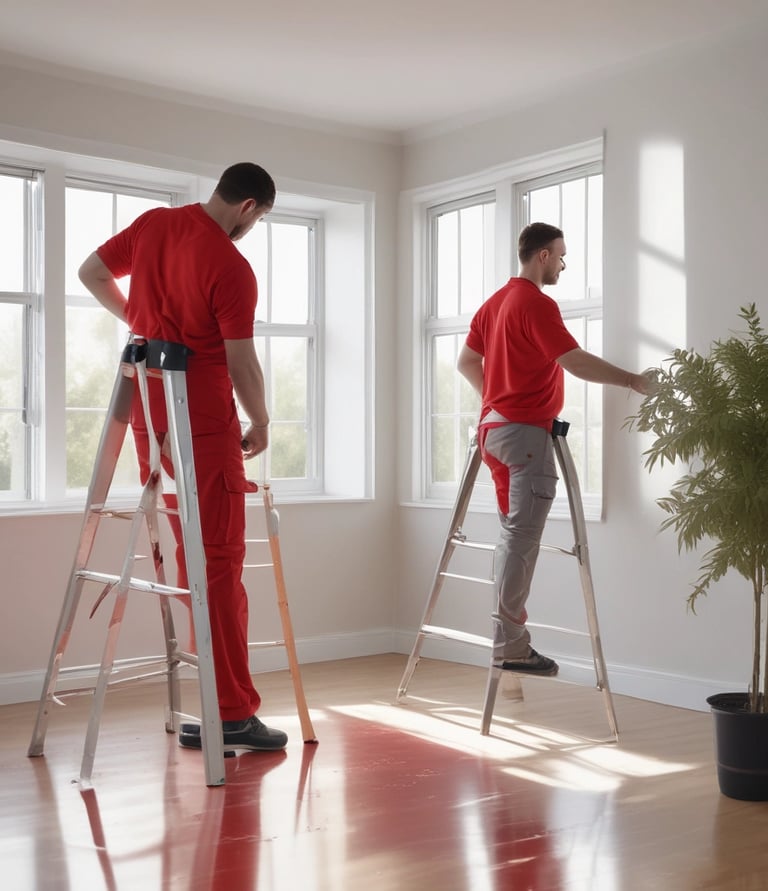 Professional painters in red uniforms standing on ladders to paint a room with bright windows.