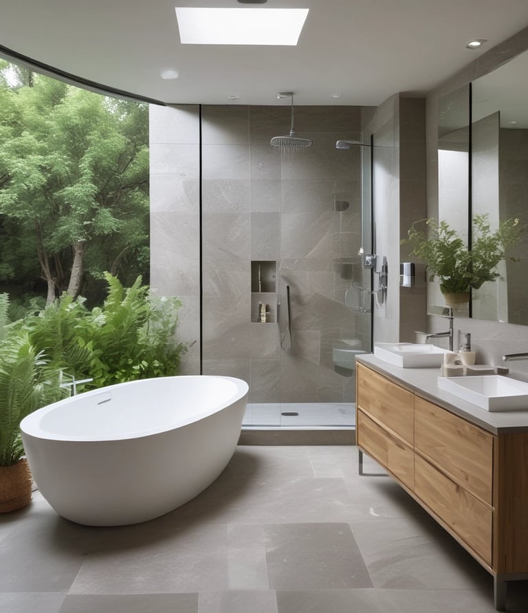 Modern luxury bathroom featuring a freestanding soaking tub, wood vanity, and walk-in shower with garden views.