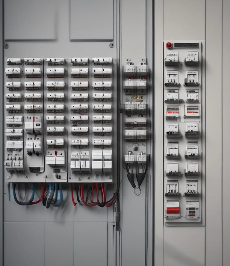 Industrial electrical distribution board with rows of circuit breakers and wired switchgear.