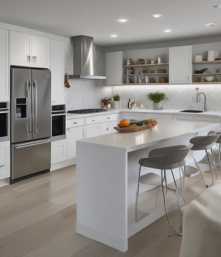 Modern white kitchen with island seating, stainless steel appliances, and a marble tile backsplash.