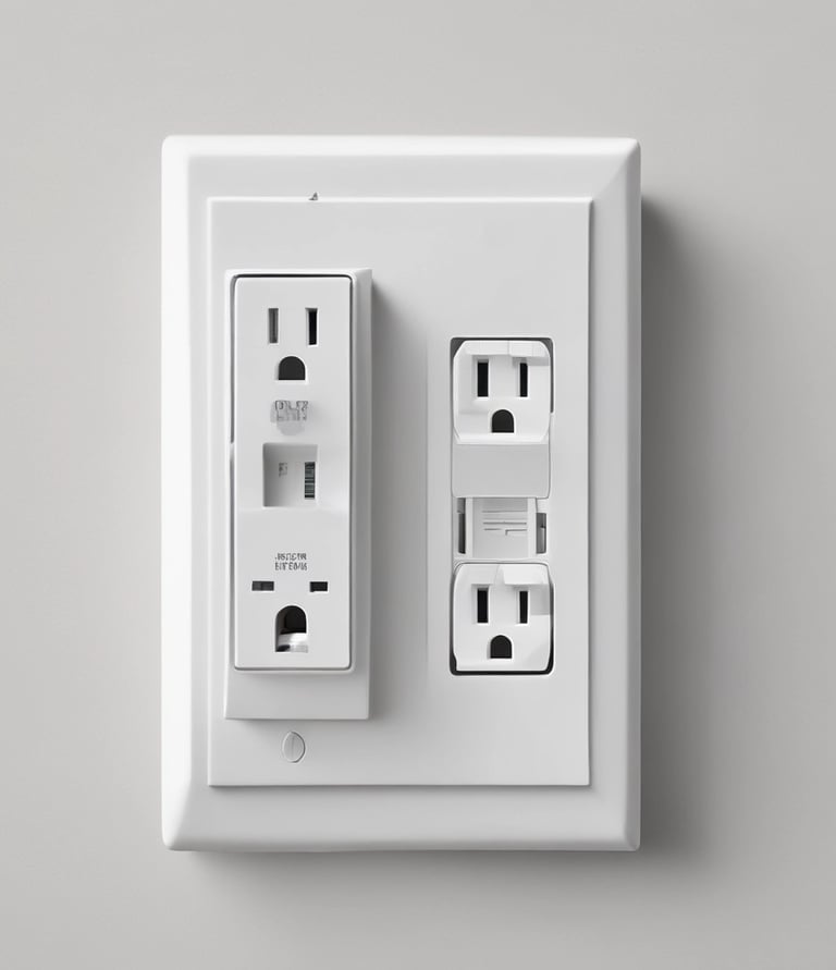 White electrical wall outlet with multiple vertical and horizontal plug sockets for home power.