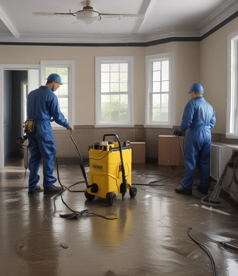 Team of specialists performing mold remediation in a residential basement.