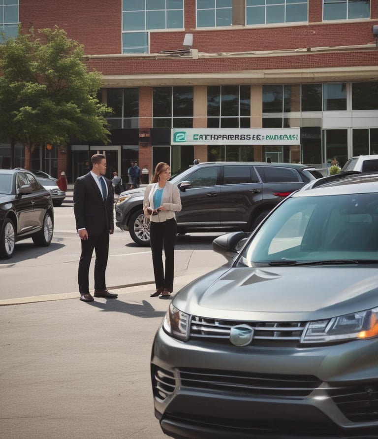 A lineup of rental vehicles including pickup trucks, minivans, and compact cars ready for customers.