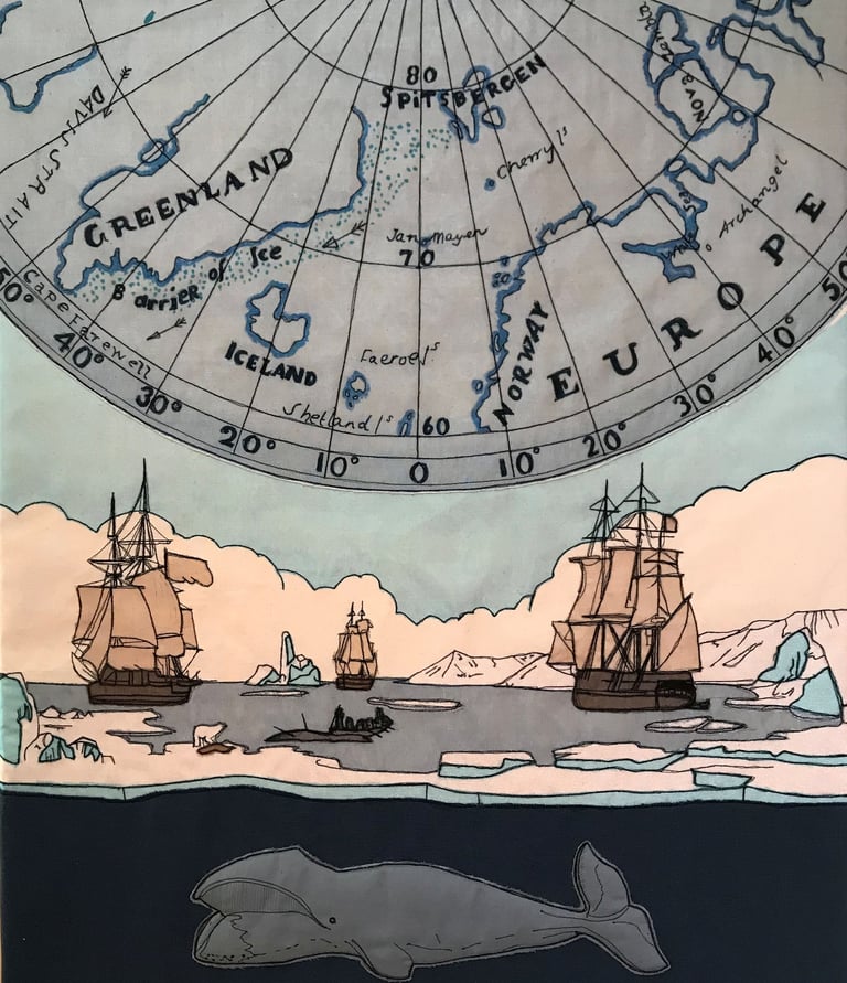 Embroidery of sailing ships in Arctic ice with a map of the Arctic and a whale below. By C. Hack