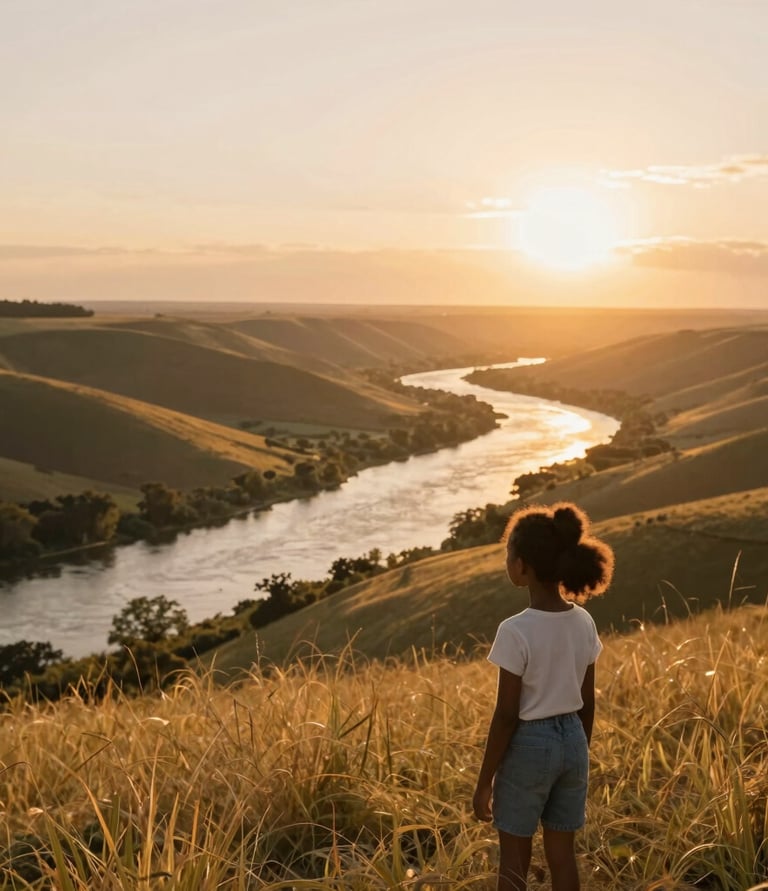 A serene woman meditating outdoors at sunrise, surrounded by soft natural light and greenery.