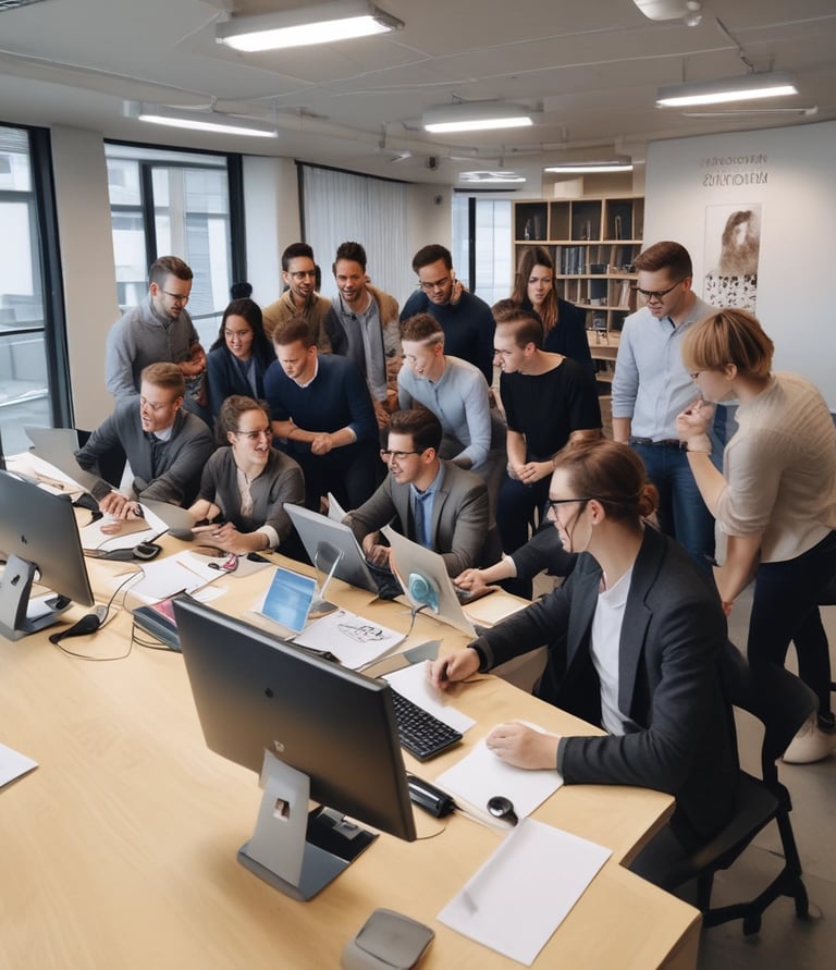 A diverse team of IT professionals collaborating in a modern office space with Belgian cultural accents.