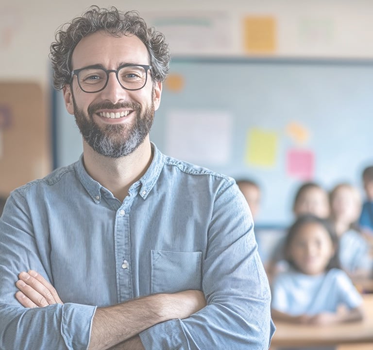 Male teacher smiling in front of blurred seated students