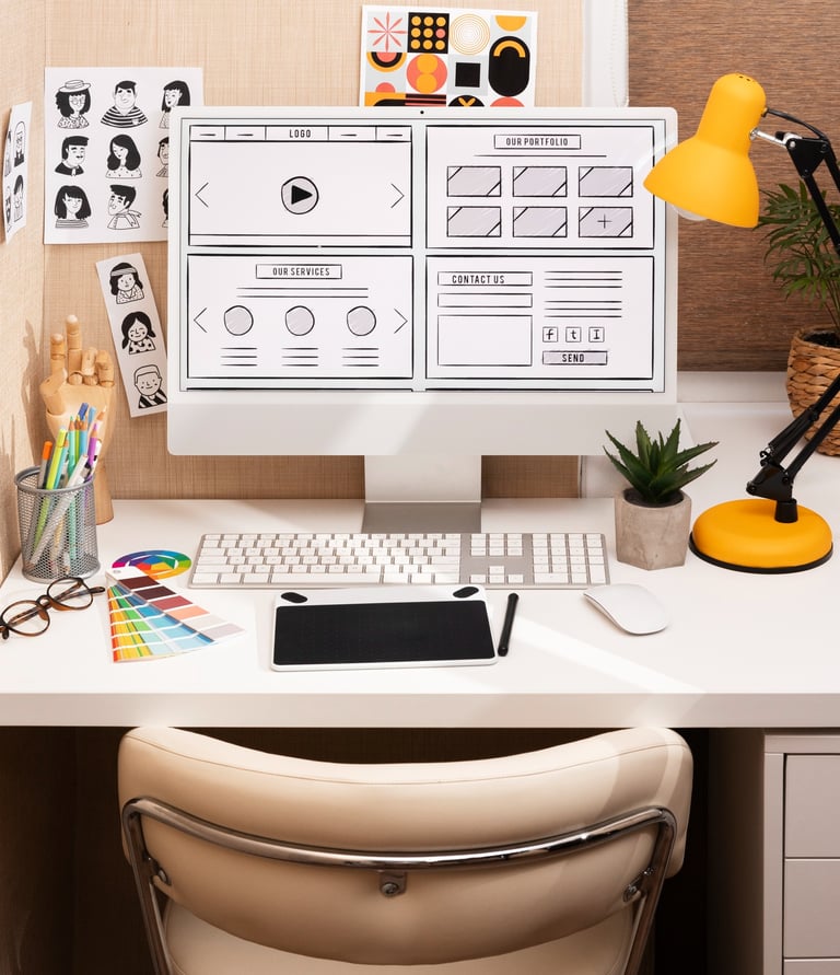 Escritorio creativo con wireframes, iPad, herramientas de diseño y referencias visuales