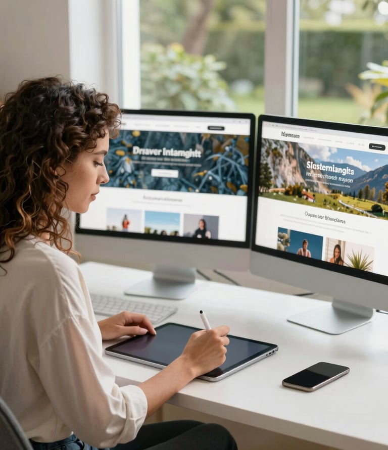 Mujer diseñando una página web desde un escritorio frente al jardín