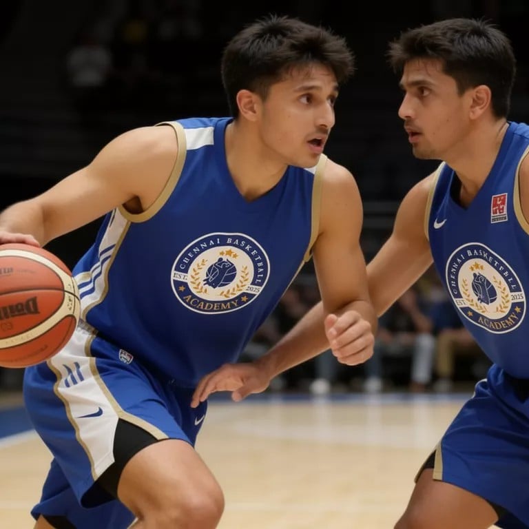two men playing basketball in a gym