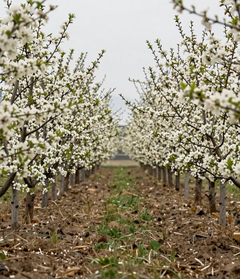 a row of trees with white flowers on them