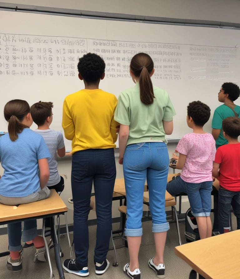 A smiling teacher helping a student with a lesson in a bright classroom.