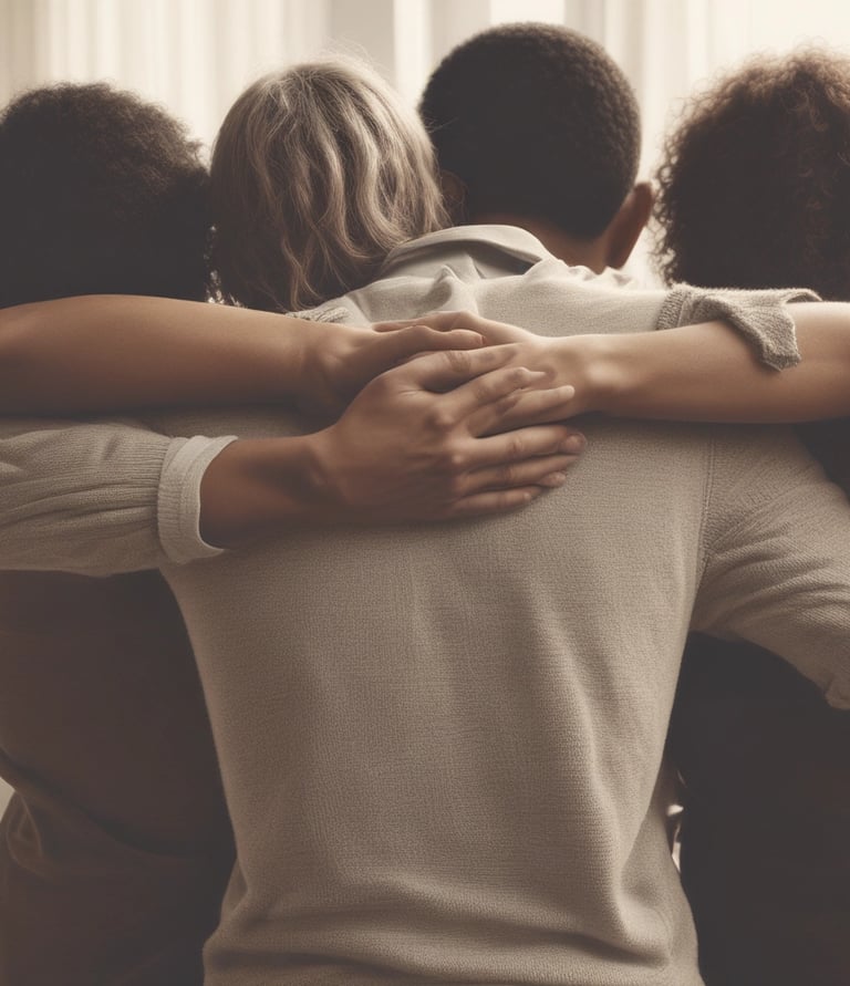 A warm, cozy room with soft lighting and a comfortable chair inviting someone to sit and talk.