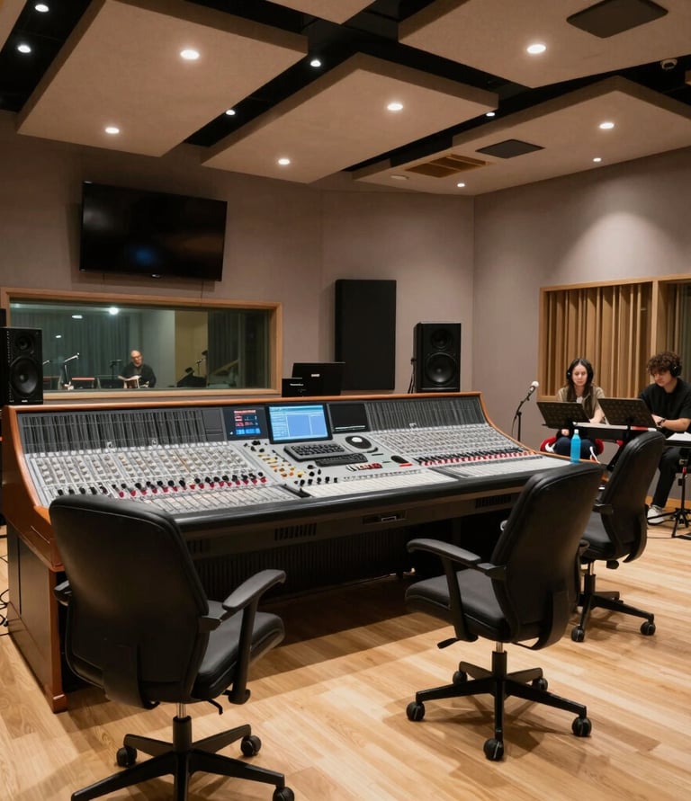 Close-up of a vintage mixing console with glowing knobs and sliders, capturing the essence of audio overdubbing.