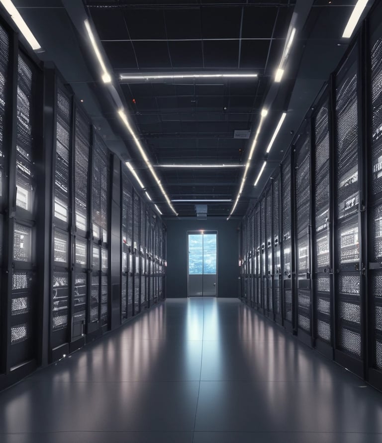 Modern data center aisle featuring rows of high-performance server racks and LED lighting.