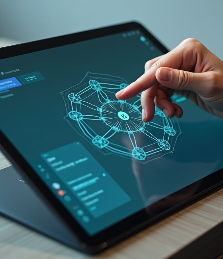 A person using a touchscreen laptop to interact with a digital blockchain cryptocurrency interface.