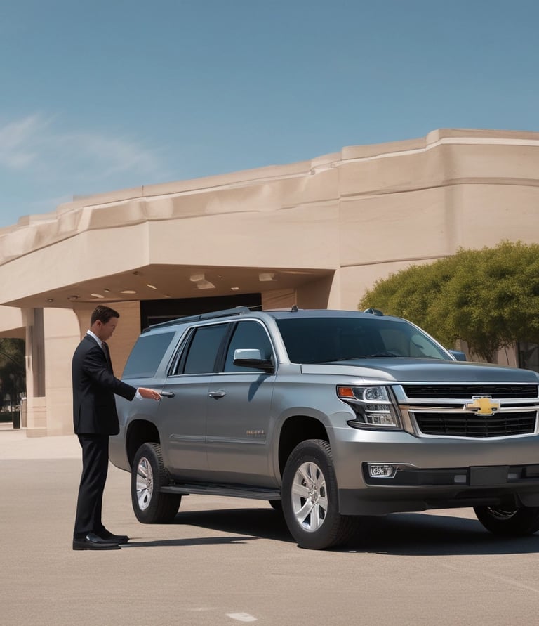 A professional bilingual chauffeur opening the door of a luxury Suburban for a client.
