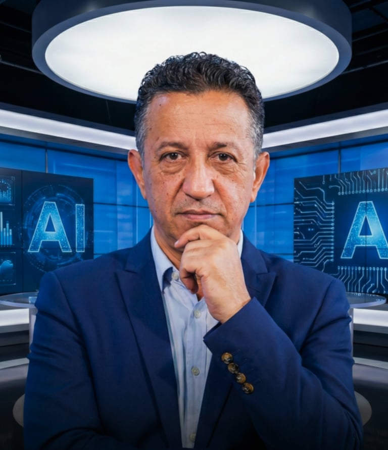 Mohammed Baida in a broadcast studio, dressed in a blue suit with his hand on his chin.