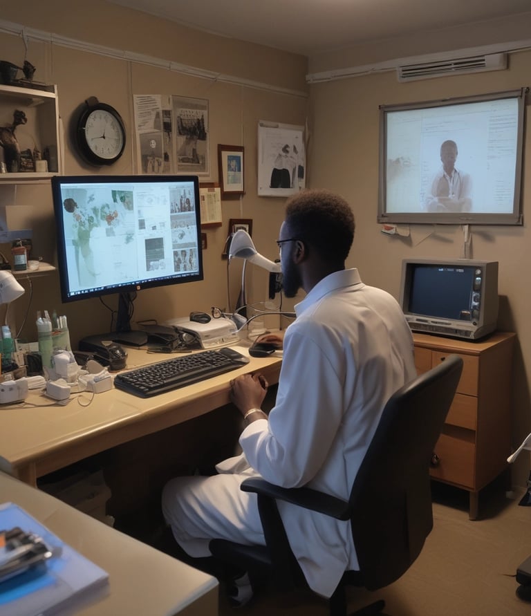 A modern virtual clinic setup with a doctor consulting a patient via video call.