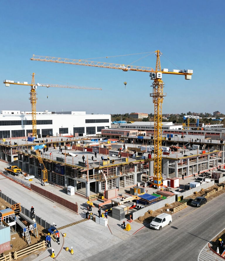 A sleek, futuristic construction site with cranes and workers collaborating.