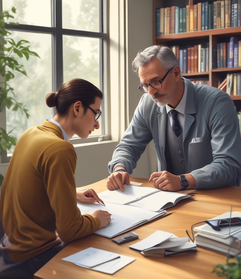 A friendly consultant advising a student and guardian in a bright office.