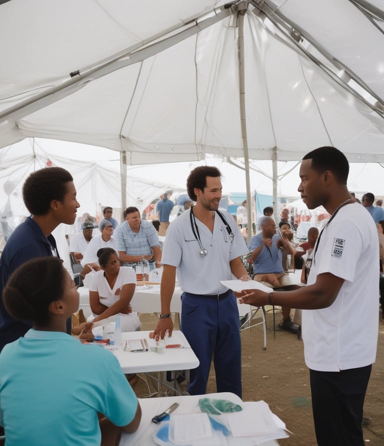 A compassionate paramedic helping a patient into an ambulance in a sunny neighborhood.