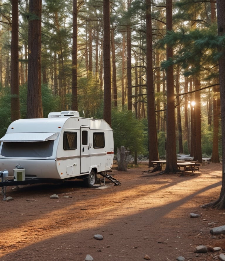 A friendly RV technician working outdoors next to a camper, tools in hand, during a sunny afternoon.