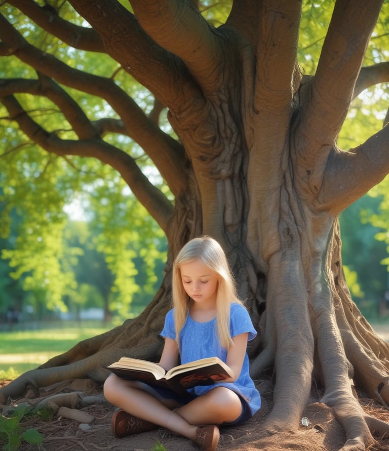 An enchanting illustration of a child reading the ebook under a glowing tree filled with twinkling lights.