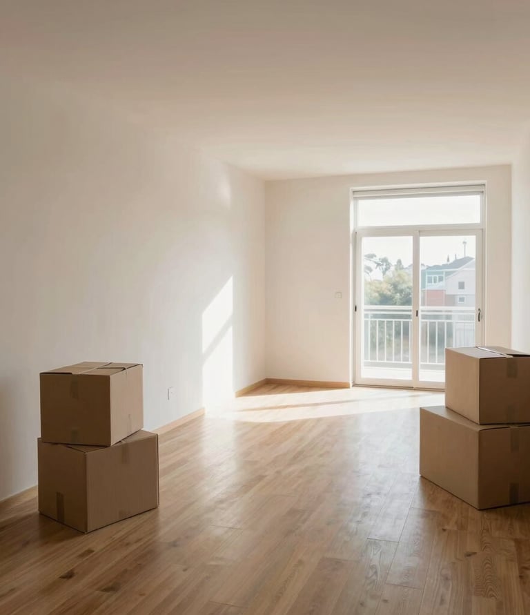 Professional moving team carefully packing boxes in a bright, minimalist home interior.