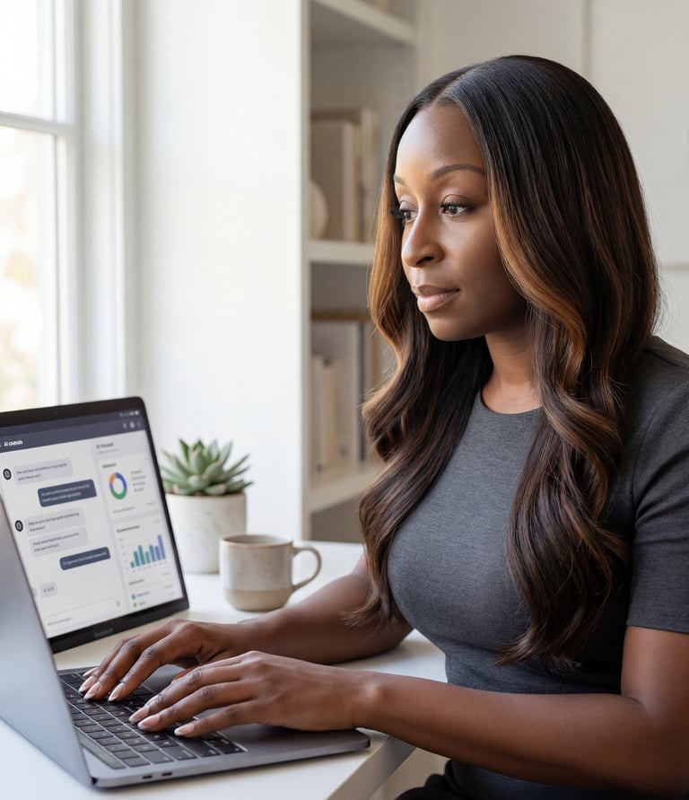 Entrepreneur using AI tools on a laptop to create content and manage an online business from home