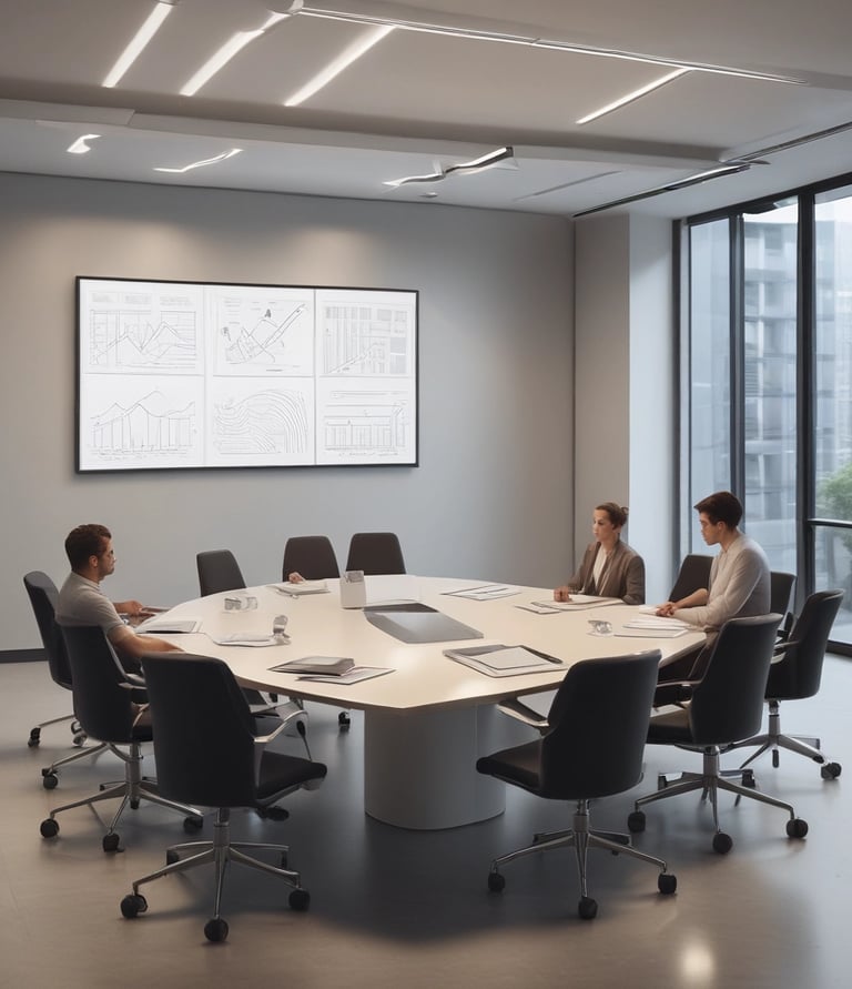 a group of people sitting around a table with a large screen