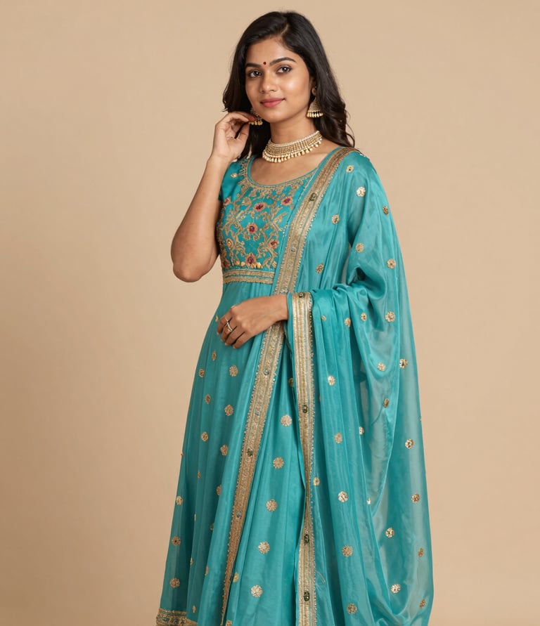 Elegant group of Indian women in flowing ethnic outfits in soft grey and off-white tones, smiling in a sunlit boutique.