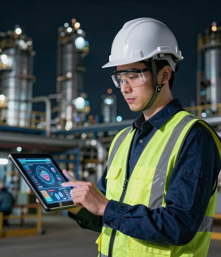 Close-up of a technician inspecting a precision flow instrument in an industrial setting with blue and orange safety colors.
