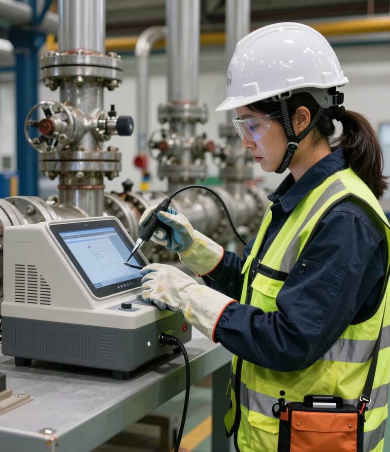 A professional warehouse with industrial safety equipment neatly organized on shelves, highlighting helmets and harnesses.
