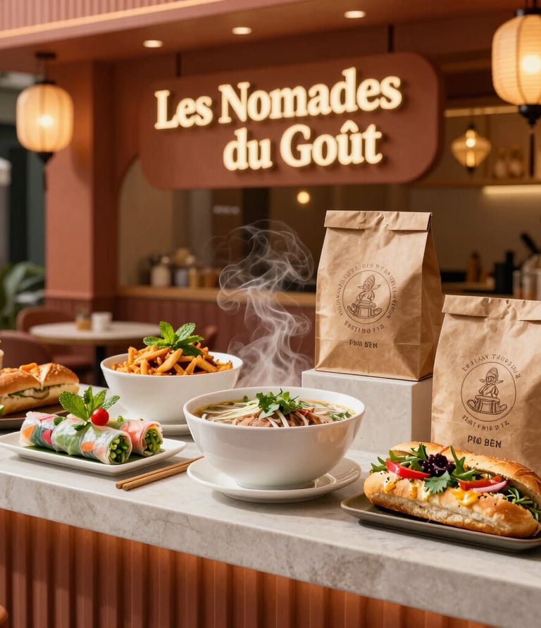 A vibrant market stall with warm ochre tones, featuring dishes from French, Moroccan, and Vietnamese cuisine.