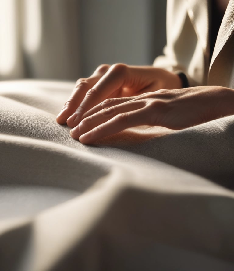 Close-up of hands stitching a sleek, modern jacket in a sunlit studio.