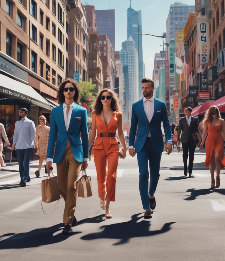 A vibrant city street scene featuring people wearing Charbel's fashion in motion.