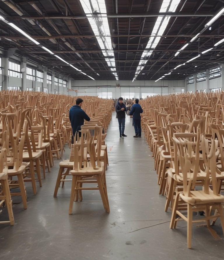 A skilled craftsman carefully shaping a wooden chair in a warm workshop.