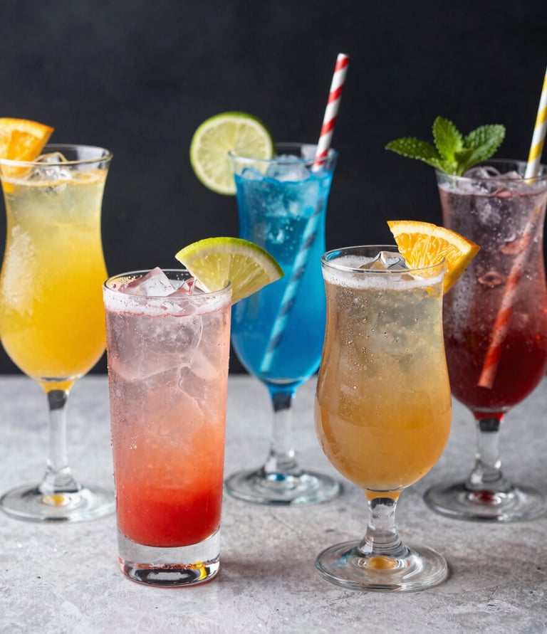 Close-up of beautifully arranged cocktail glasses with a minimalist black and gold theme.