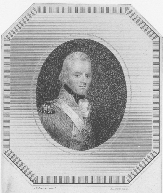 Black and white engraved portrait of Richard Henderson, depicted inside an octagonal border