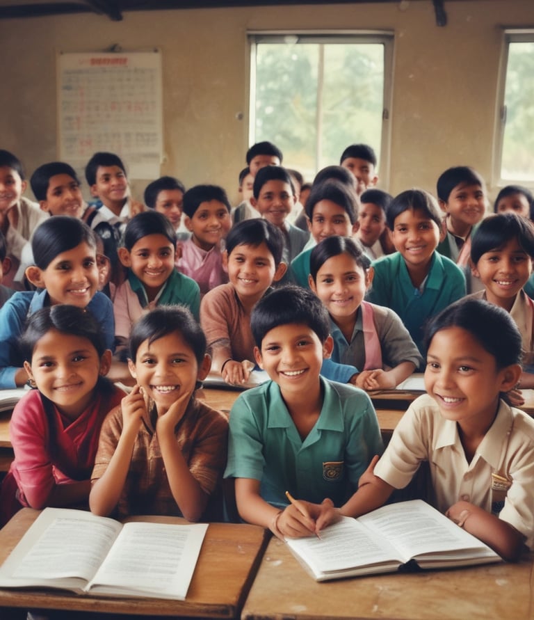 Happy children in a rural classroom engaged in learning with teachers from india