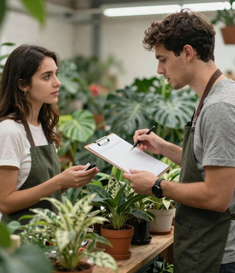 A vibrant indoor plant shop with lush greenery and cozy decor.