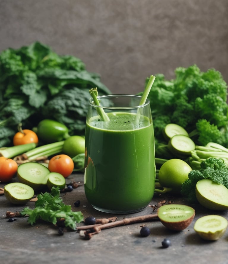 A cheerful person enjoying a fresh green smoothie made from supergreens.