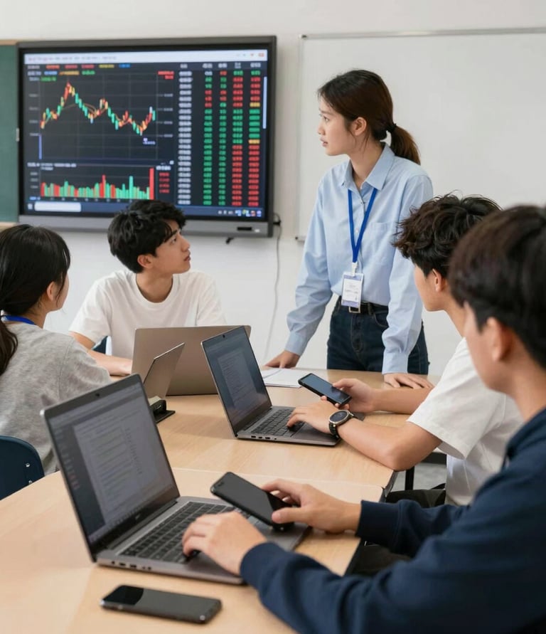 Photo of a focused mentor explaining stock charts to a small group of students in a modern classroom.