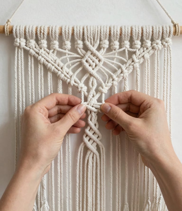 A warm, cozy corner showcasing unique macramé bags and wall hangings in a welcoming small studio.