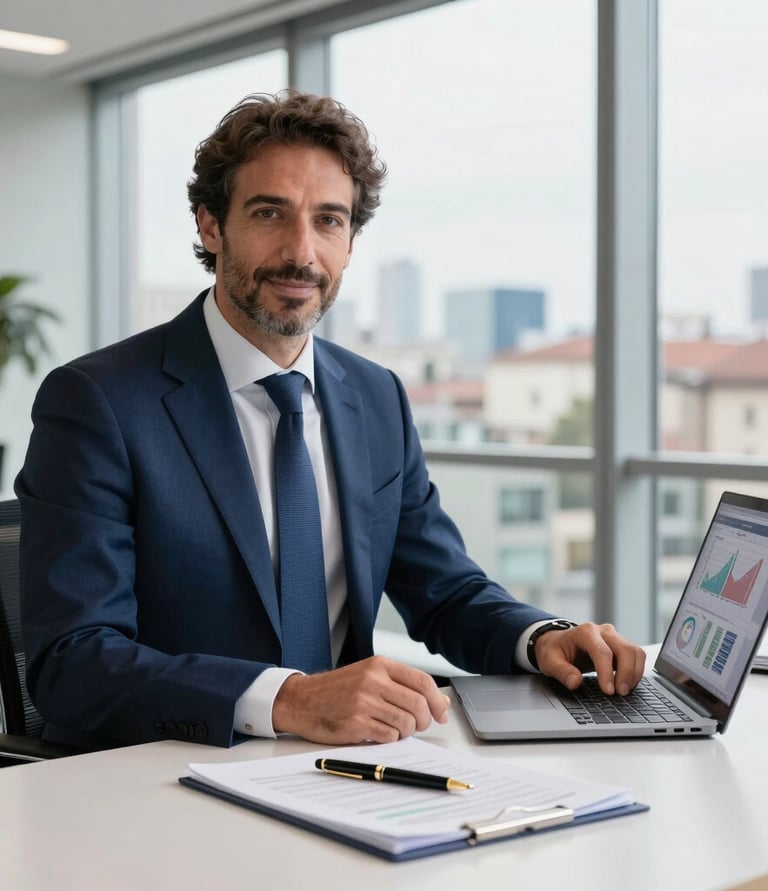 Modern office workspace with international business maps and technology.