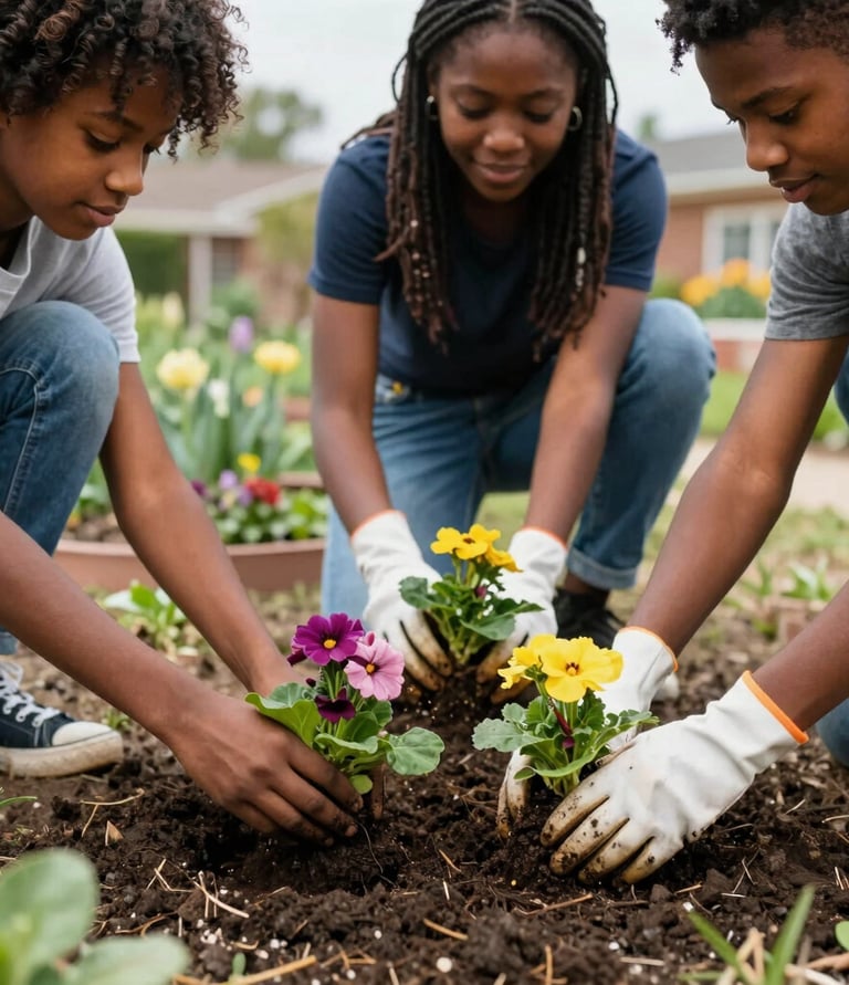 Close-up of hands planting a community garden in an urban Detroit neighborhood.