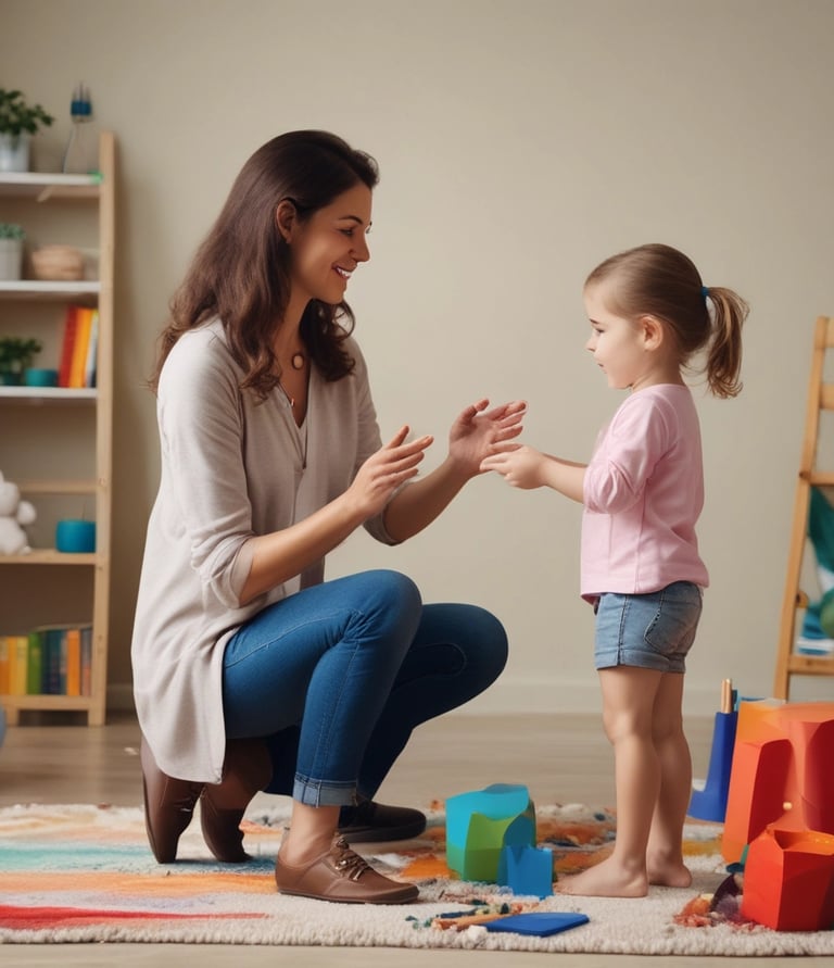 Elisavet Kyriakou warmly engaging with a young child during a speech therapy session in a bright, welcoming office.