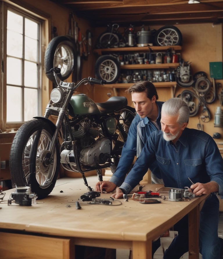A father and son working together on an electronic machine, symbolizing the family tradition.