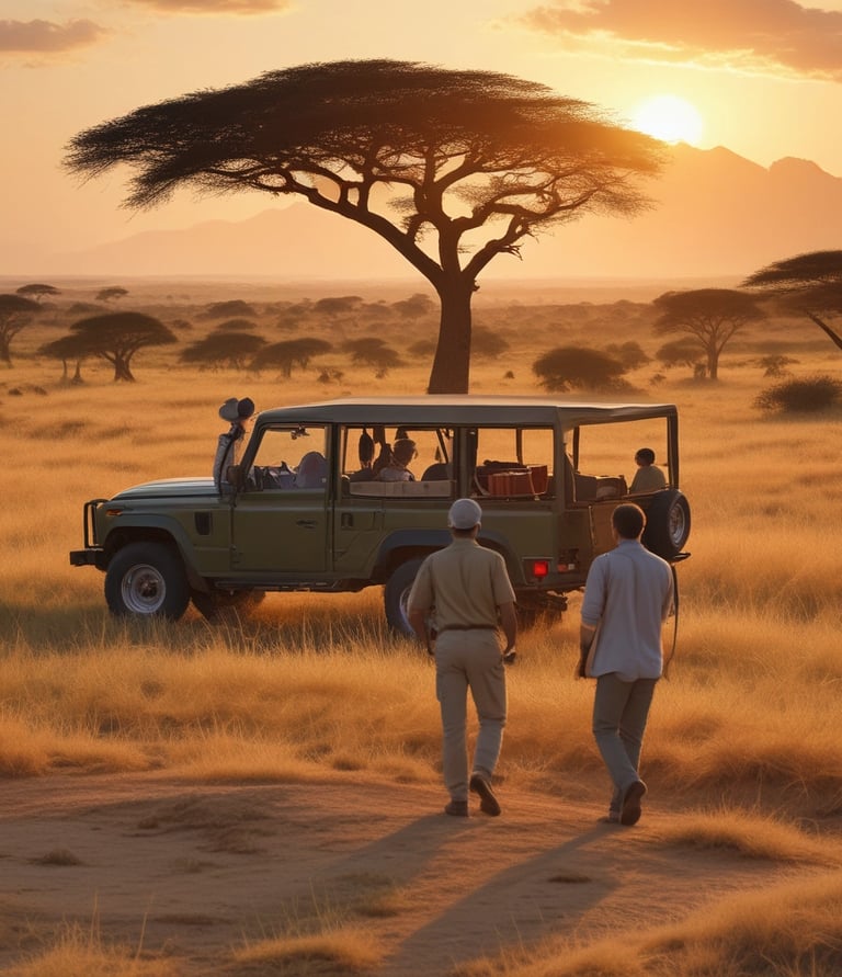 A vibrant sunset over the savannah with a silhouette of a safari jeep and acacia trees.
